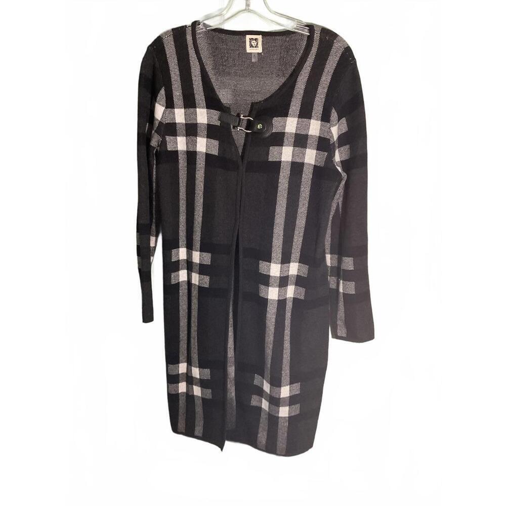 Anne Klein Black and Gray Plaid Cardigan with Hook Closure Medium